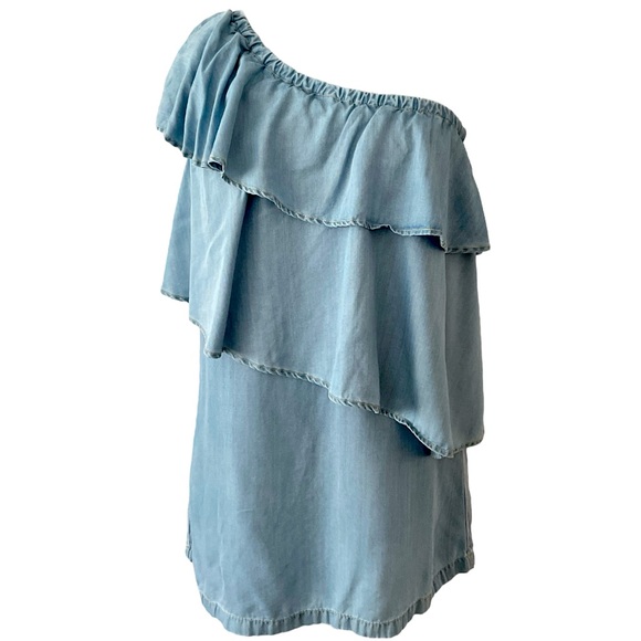 Chelsea 28 ruffle blue denim one-shoulder long top or mini dress Sz: M - Picture 3 of 10